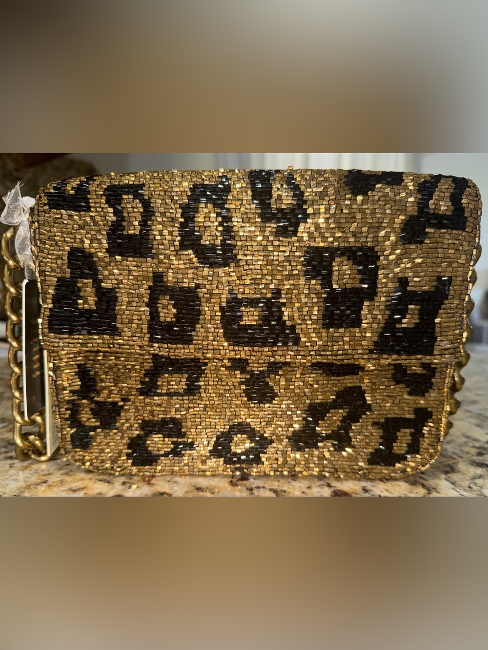 NWT Viral Hand Beaded Leopard Shoulder Bag Chunky Gold Chain